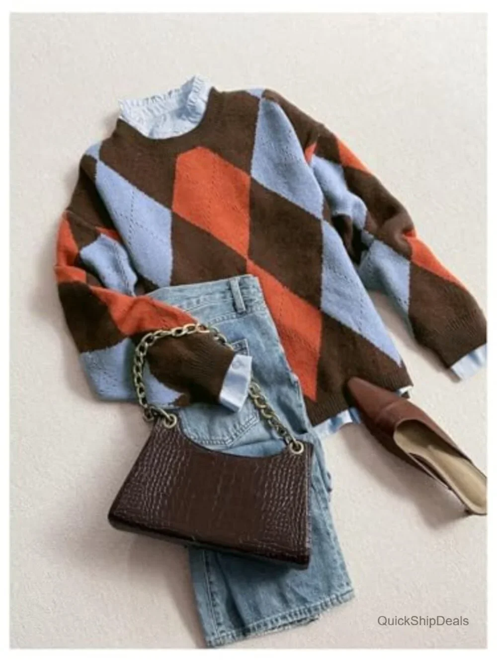 Argyle Plaid Sweater Crew Neck Long Sleeve Knit Vintage Pullover